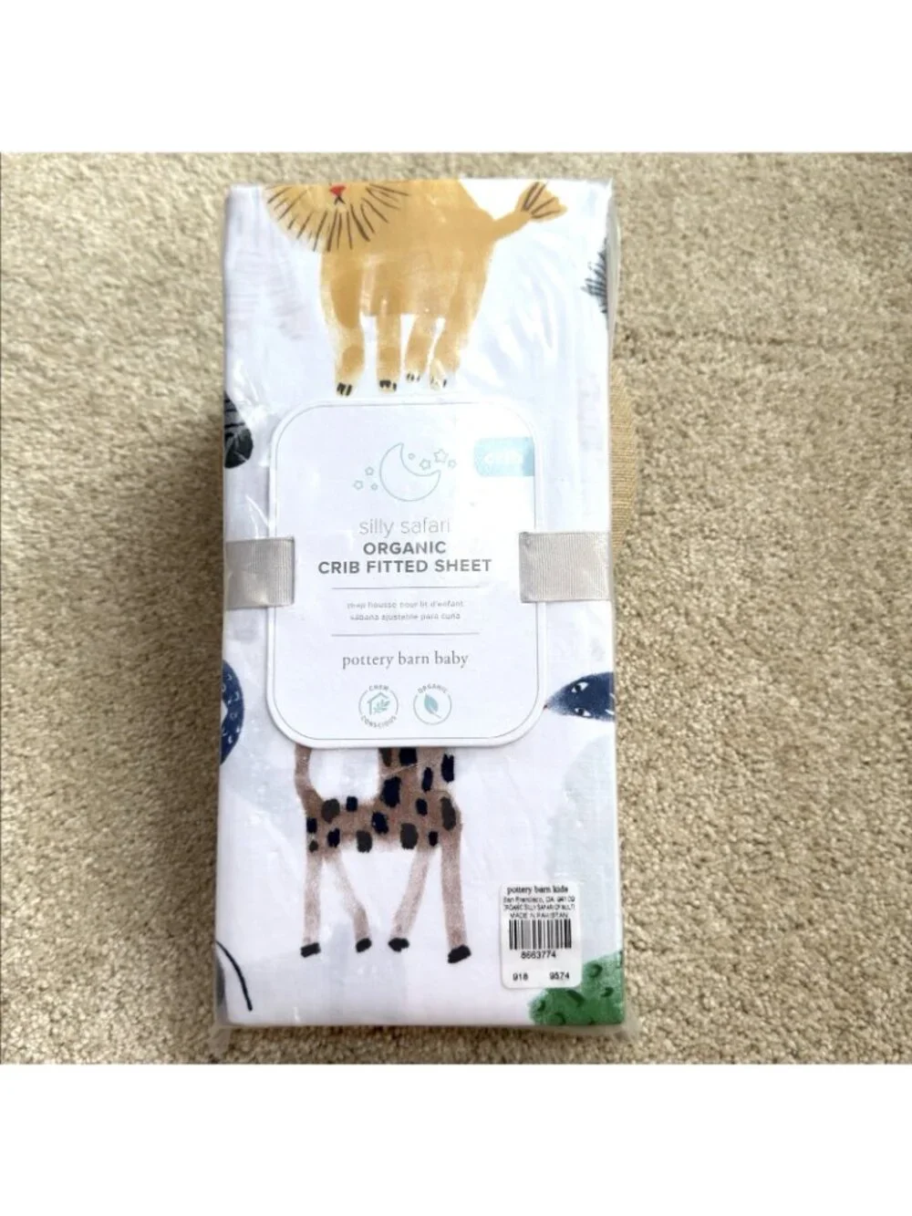 Pottery Barn Baby Silly Safari Organic Crib Fitted Sheet  Animals Lion Giraffe